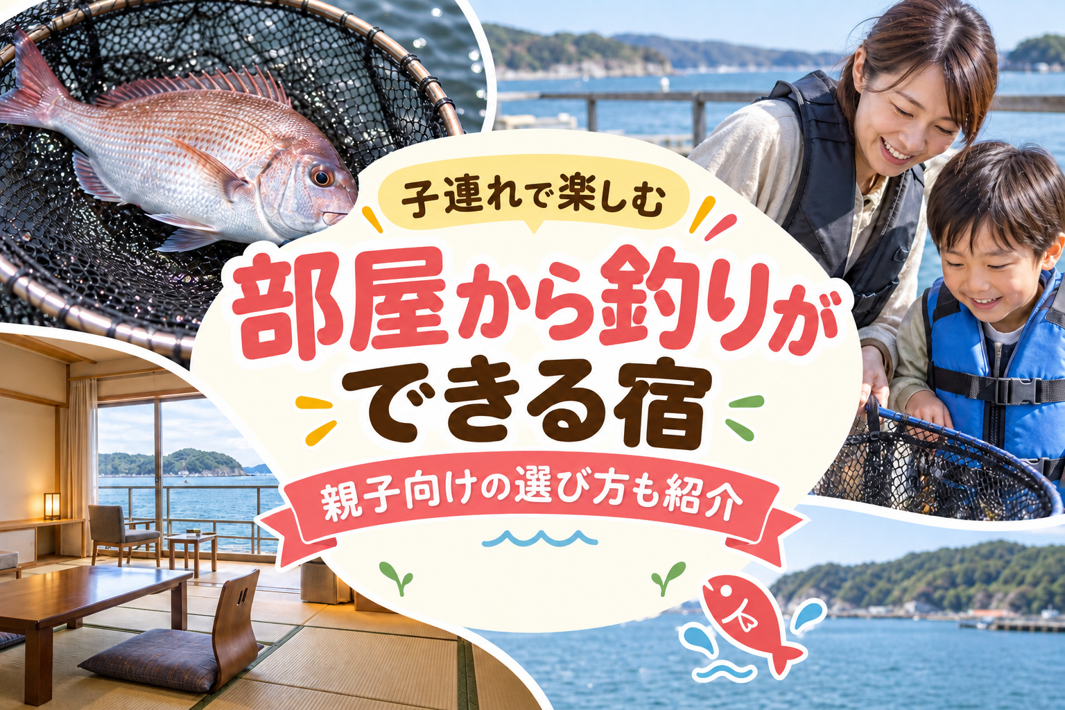 部屋から釣りができる宿を紹介するアイキャッチ。魚、釣りを楽しむ親子、海を望む和室のイメージ