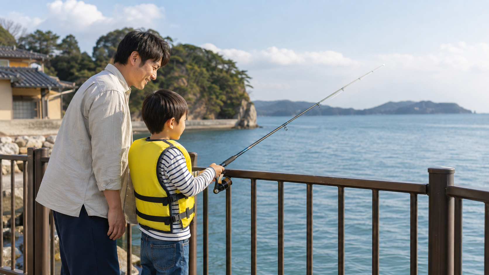 海辺の宿でライフジャケットを着て親子釣りを楽しむ家族